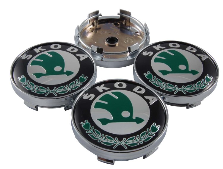 Колпачки в диски Skoda 60/56/9 хром-черный-зеленый комплект 